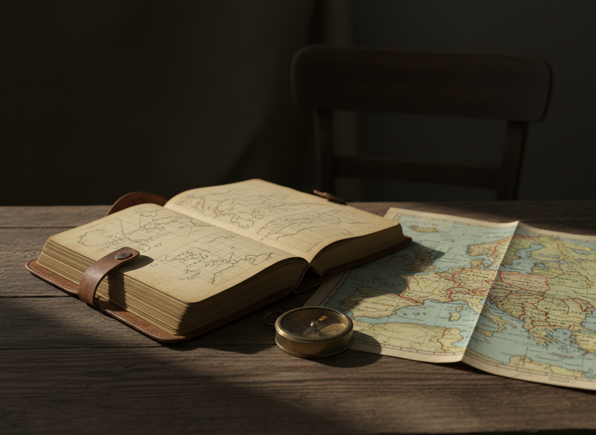 A weathered World War 2 leather field journal lying open on a rough, dark wooden table, its yellowed pages filled with faint pencil maps and coordinates. Beside it rests a tarnished brass compass and a neatly folded, faded military map of Europe marked with red pencil lines. Sharp, directional light from the right cuts across the scene, casting crisp, dramatic shadows that emphasize every crease and scratch. The background is minimalist and shadowed, with no distractions, creating a bold, high-impact composition. Shot at a slightly elevated, three-quarter angle with shallow depth of field, in photographic realism, conveying a sense of focused determination and historical discovery for a WW2 travel blog.