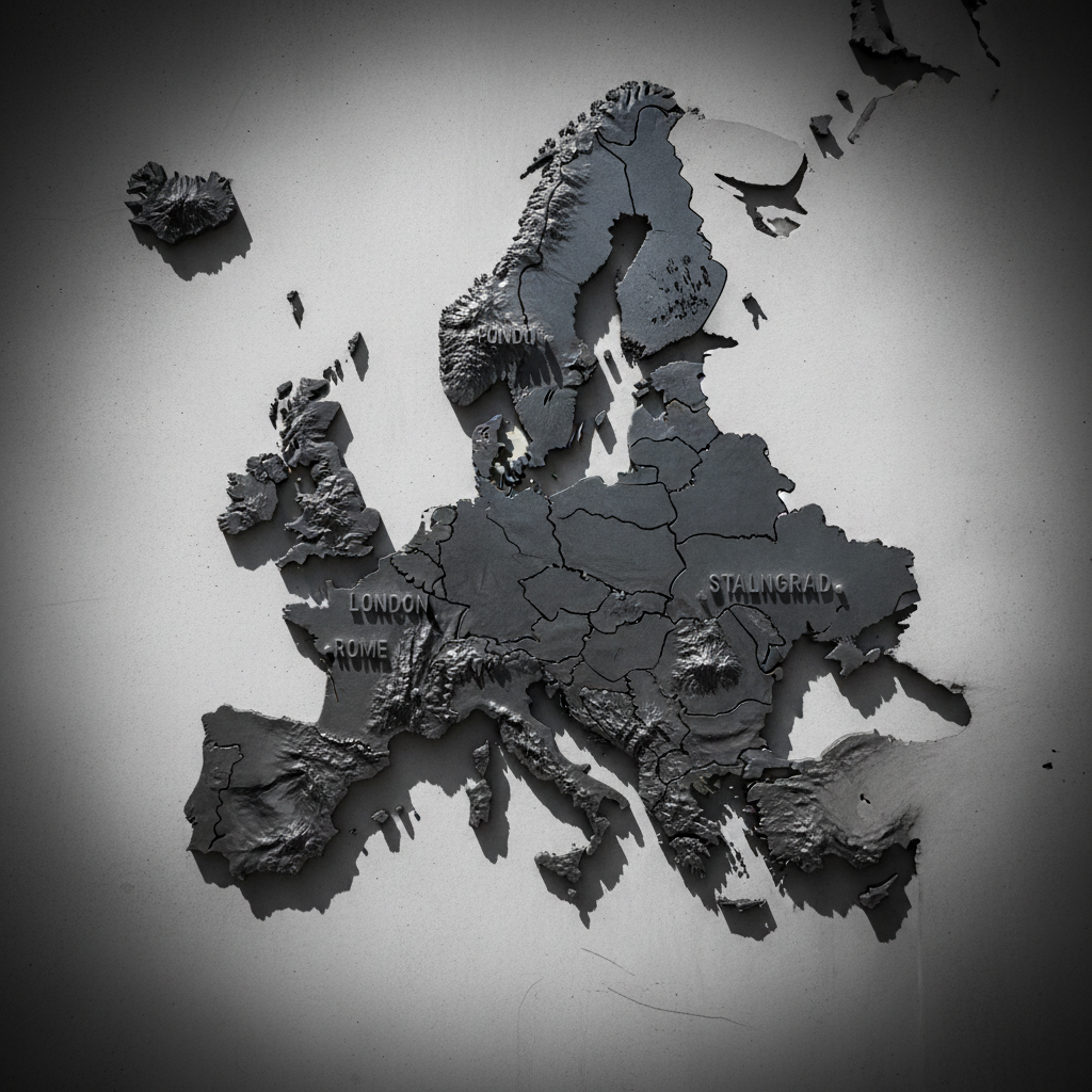 A detailed, three-dimensional relief map of Europe during World War 2, crafted from matte metal in dark gunmetal tones, mounted on a smooth, light concrete wall. Key WW2 cities such as London, Stalingrad, and Rome are raised and subtly labeled in minimalist typography. A strong, directional spotlight from the upper right creates dramatic, razor-sharp shadows that extend across the wall, exaggerating the contours of borders and front lines. The composition is centered and tightly cropped, with a shallow vignette to keep focus on the metallic map. The photographic style is stark, clean, and modern, radiating a bold, analytical mood that reflects strategic exploration of WW2 travel routes.